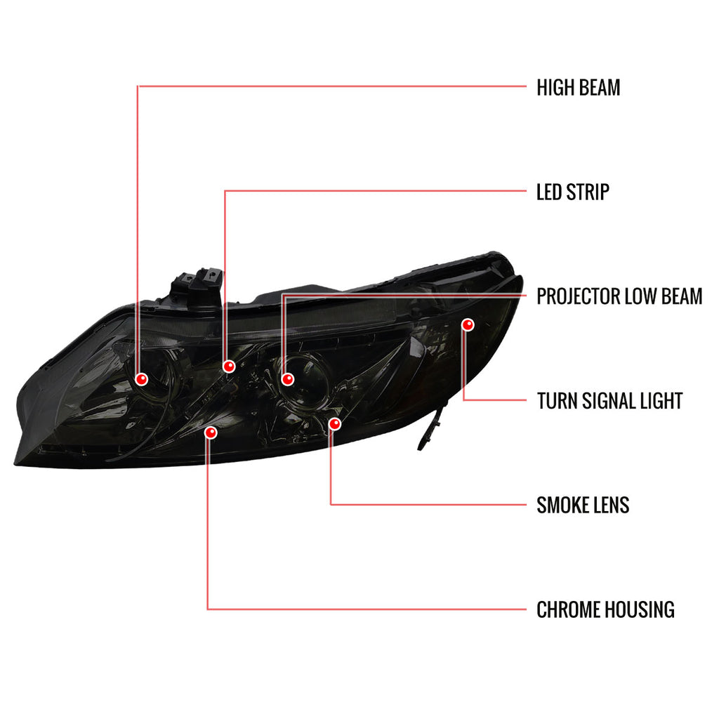 2006-2011 Honda Civic Sedan Projector Headlights w/ LED Light Strip - Chrome/Smoke Lens