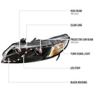 2006-2011 Honda Civic Sedan Projector Headlights w/ LED Light Strip - Matte Black/Clear Lens