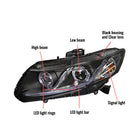 2012-2013 Honda Civic Coupe/ 2012-2015 Civic Sedan Dual Halo LED Bar Projector Headlights - Matte Black/Clear Lens