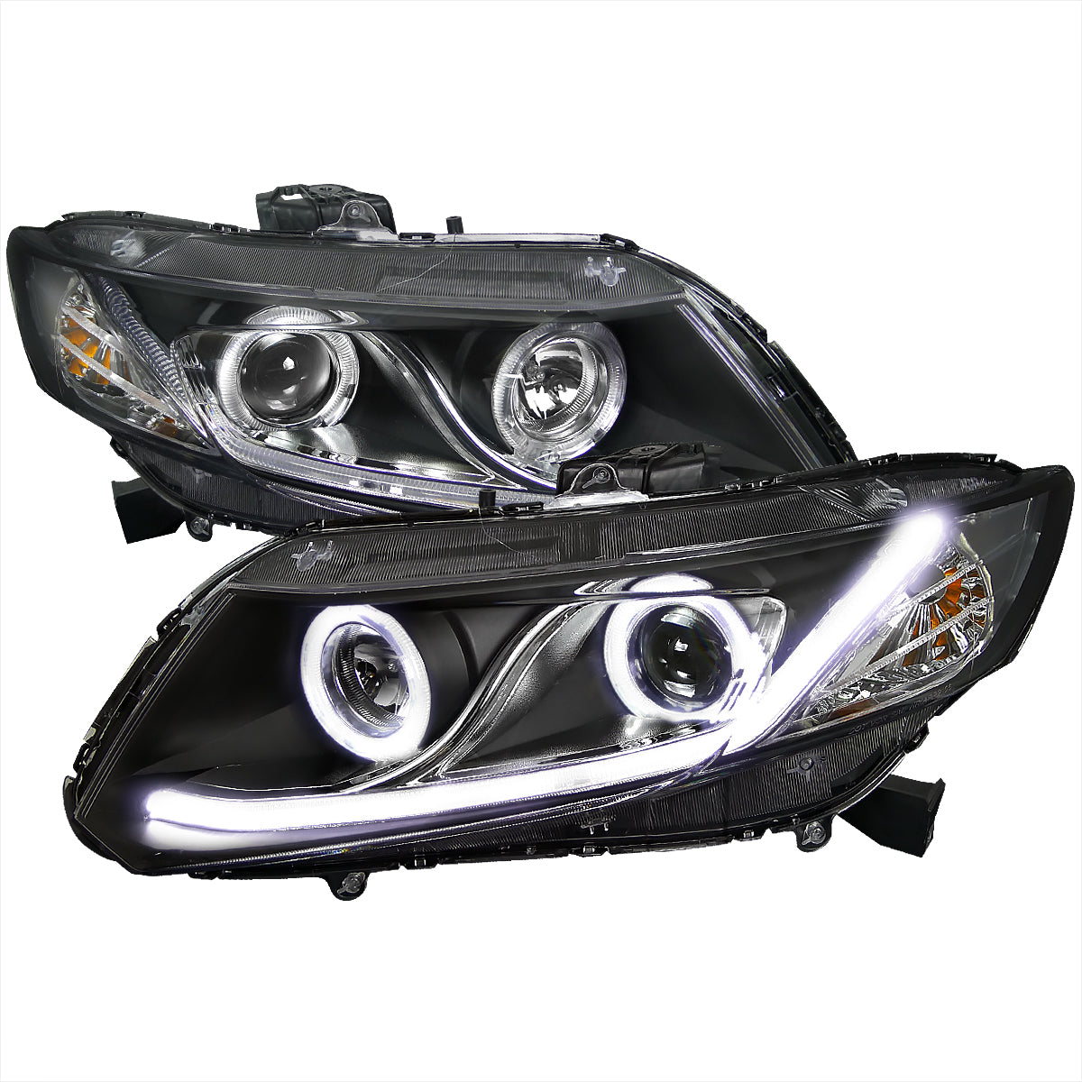 2012-2013 Honda Civic Coupe/ 2012-2015 Civic Sedan Dual Halo LED Bar Projector Headlights - Matte Black/Clear Lens