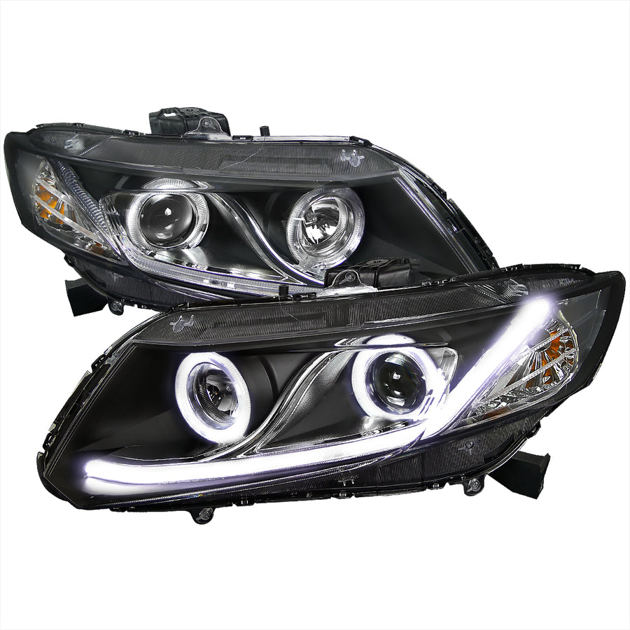 2012-2013 Honda Civic Coupe/ 2012-2015 Civic Sedan Dual Halo LED Bar Projector Headlights - Matte Black/Clear Lens