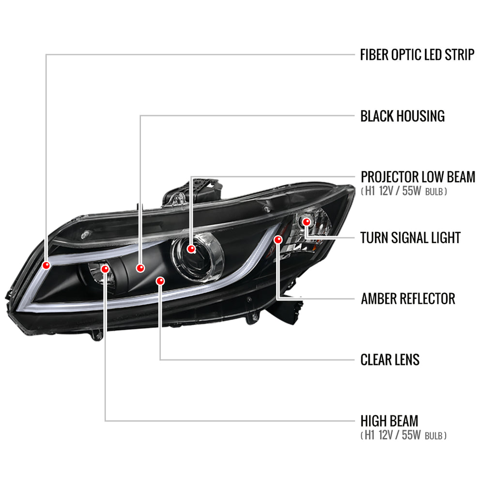 2012-2013 Honda Civic Coupe/2012-2015 Civic Sedan LED Bar Projector Headlights (Matte Black Housing/Clear Lens)
