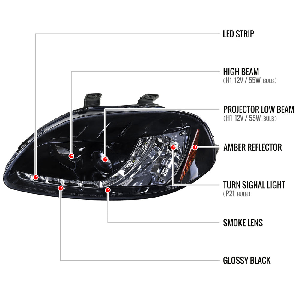 1996-1998 Honda Civic Projector Headlights w/ R8 Style LED Light Strip (Glossy Black Housing/Smoke Lens)