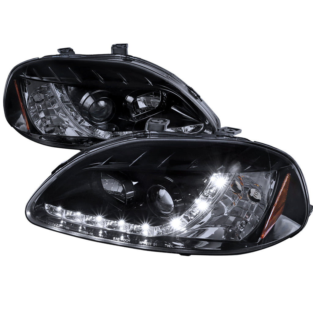 1996-1998 Honda Civic Projector Headlights w/ R8 Style LED Light Strip (Glossy Black Housing/Smoke Lens)