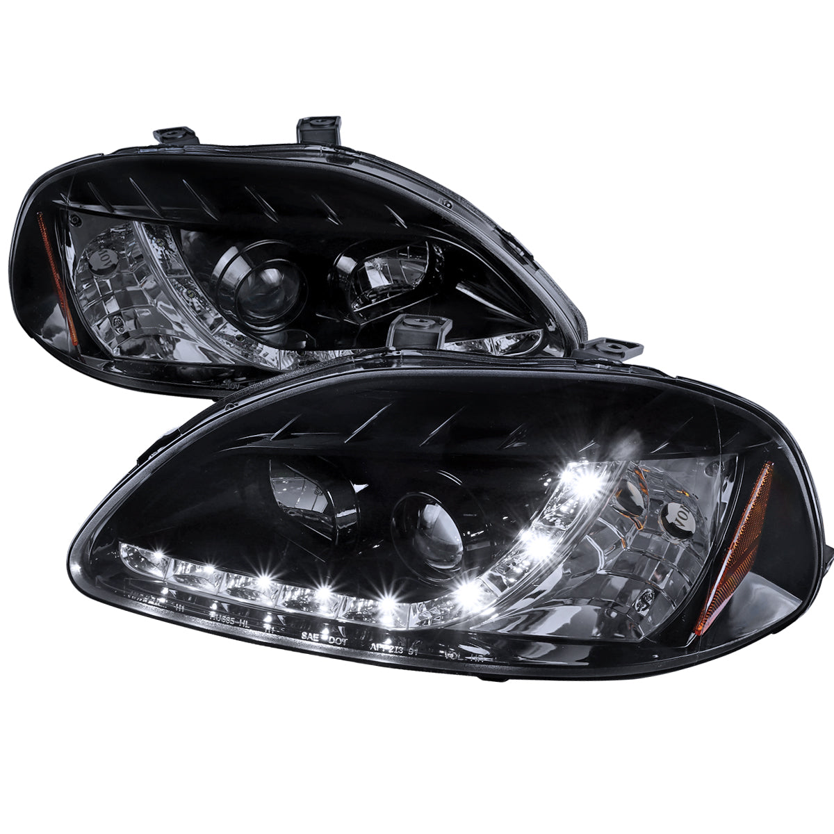 1996-1998 Honda Civic Projector Headlights w/ R8 Style LED Light Strip (Glossy Black Housing/Smoke Lens)