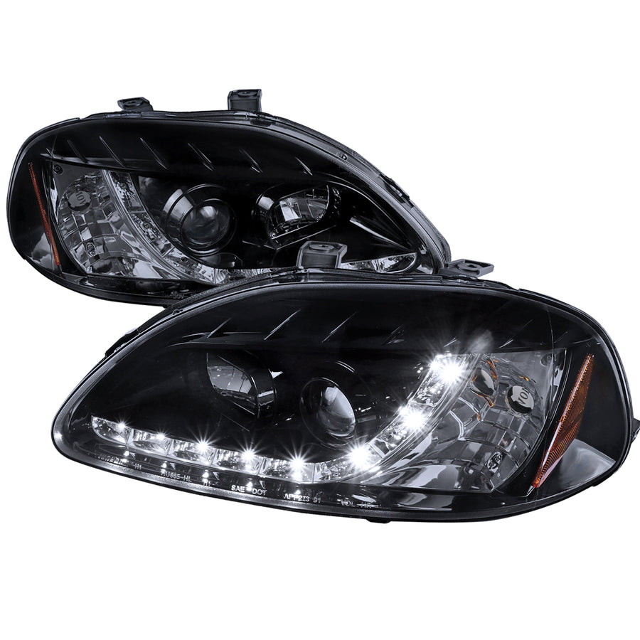 1996-1998 Honda Civic Projector Headlights w/ R8 Style LED Light Strip (Glossy Black Housing/Smoke Lens)