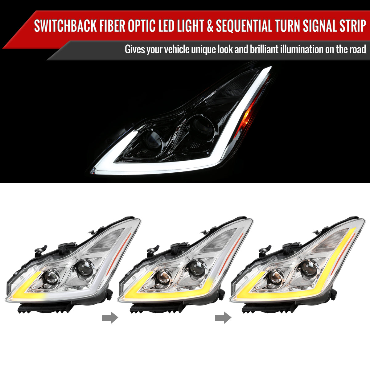 2008-2013 Infiniti G37/2014-2015 Q60 Coupe/Convertible Sequential Switchback LED Turn Signal Projector Headlights (Chrome Housing/Clear Lens)