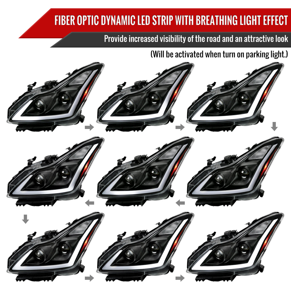 2008-2013 Infiniti G37/2014-2015 Q60 Coupe/Convertible Sequential Switchback LED Turn Signal Projector Headlights (Matte Black Housing/Clear Lens)