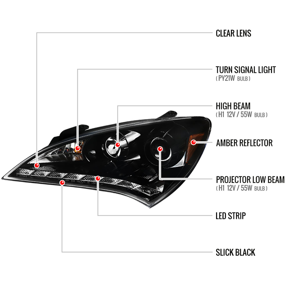 2010-2012 Hyundai Genesis Coupe Projector Headlights w/ SMD LED Light Strip (Jet Black Housing/Clear Lens)