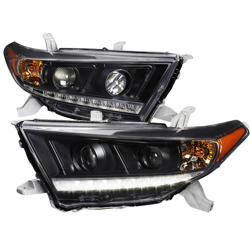 2011-2013 Toyota Highlander Projector Headlights w/ SMD LED Light Strip - Matte Black/Clear Lens