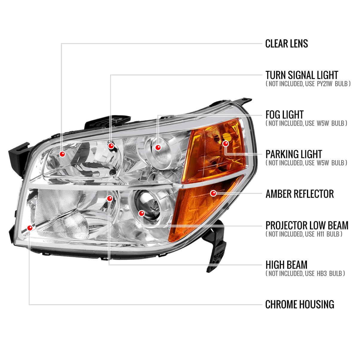2006-2008 Honda Pilot Projector Style Headlights (Chrome Housing/Clear Lens)