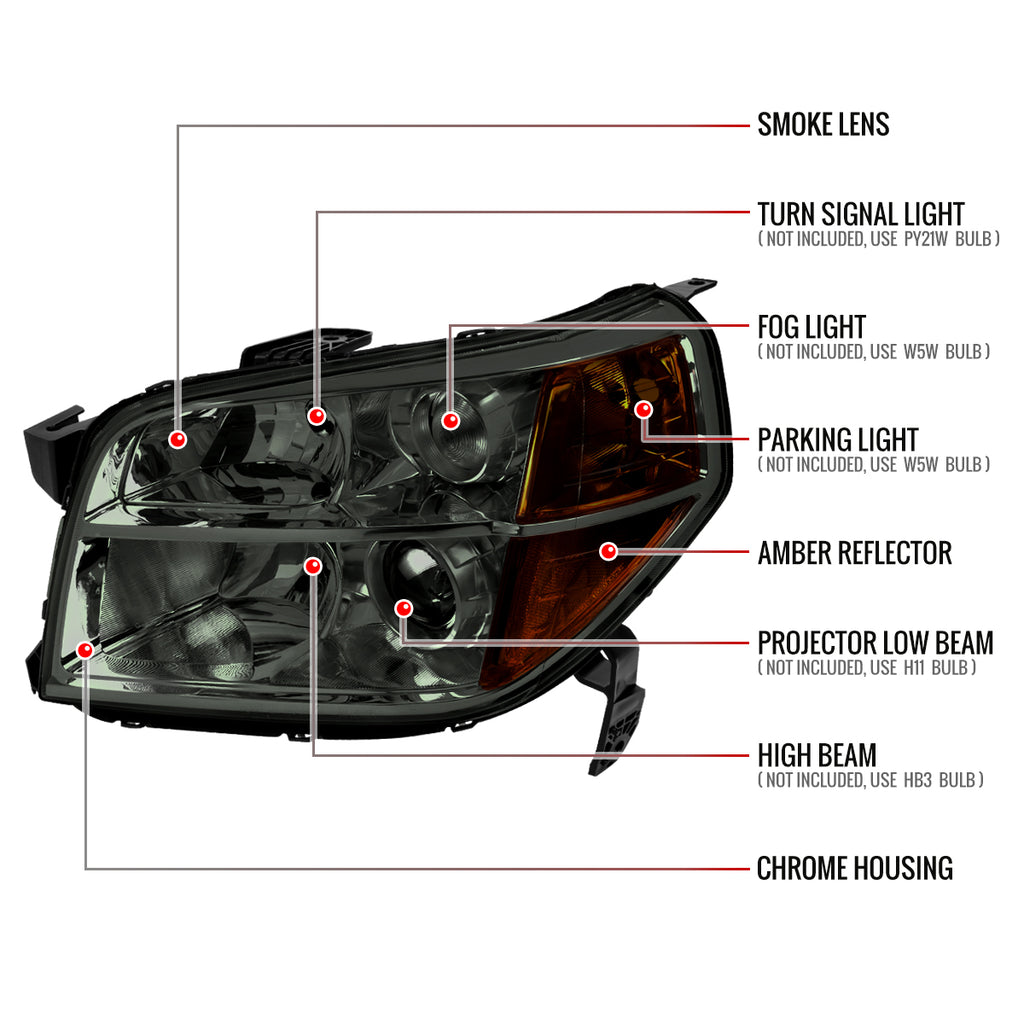 2006-2008 Honda Pilot Projector Style Headlights (Chrome Housing/Smoke Lens)