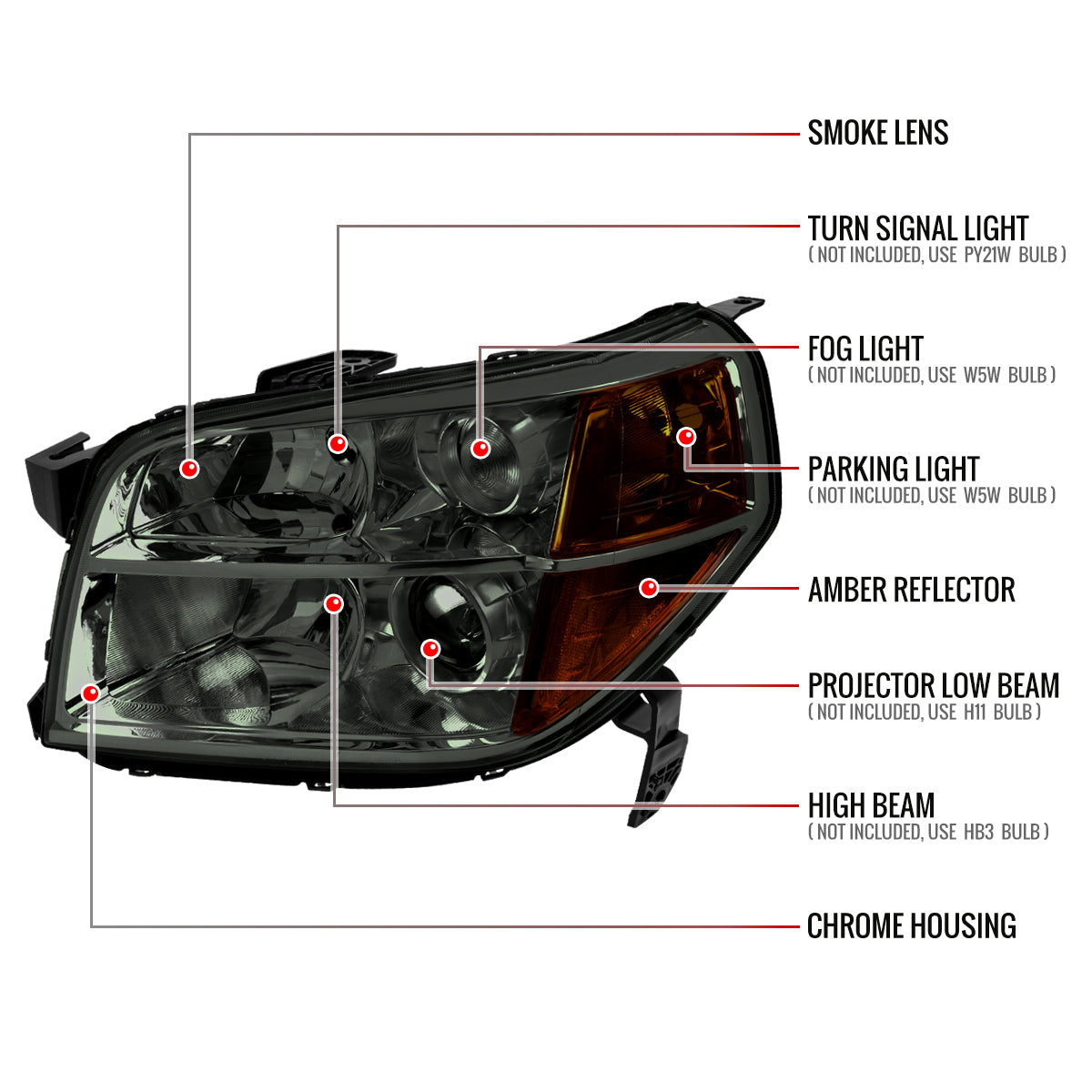 2006-2008 Honda Pilot Projector Style Headlights (Chrome Housing/Smoke Lens)