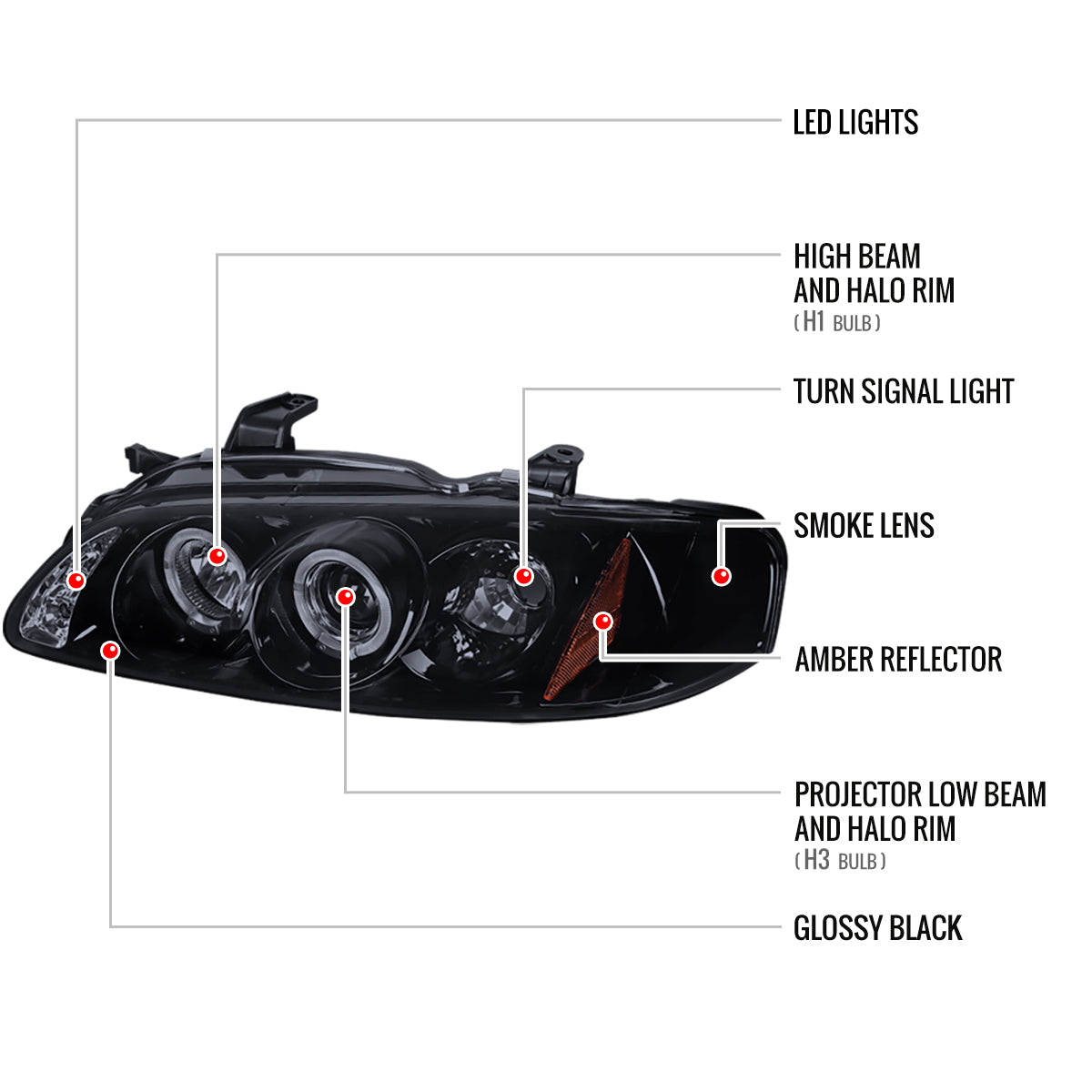 2000-2003 Nissan Sentra Dual Halo Projector Headlights (Glossy Black Housing/Smoke Lens)