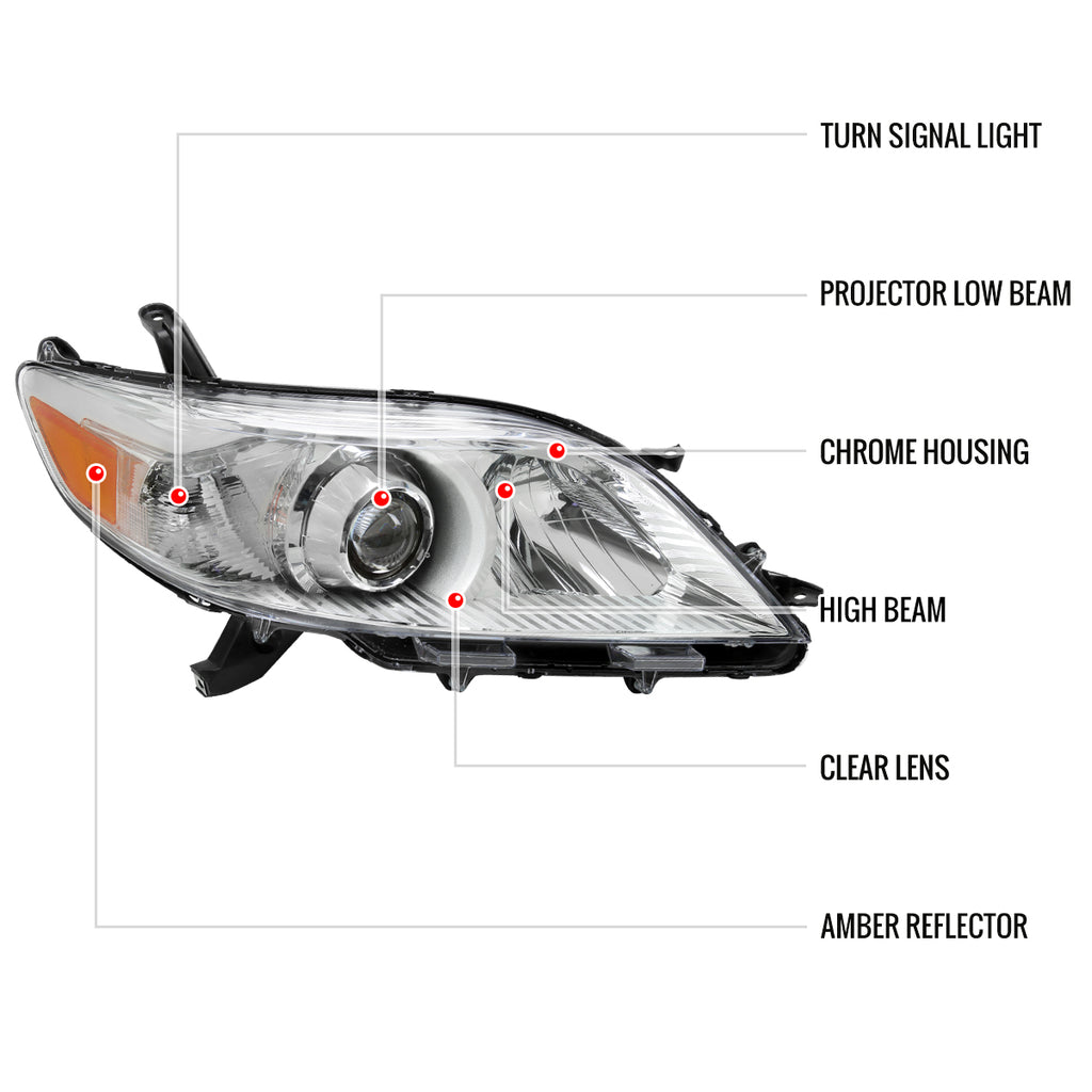 2011-2020 Toyota Sienna Passenger/Right Side Projector Headlight (Chrome Housing/Clear Lens)