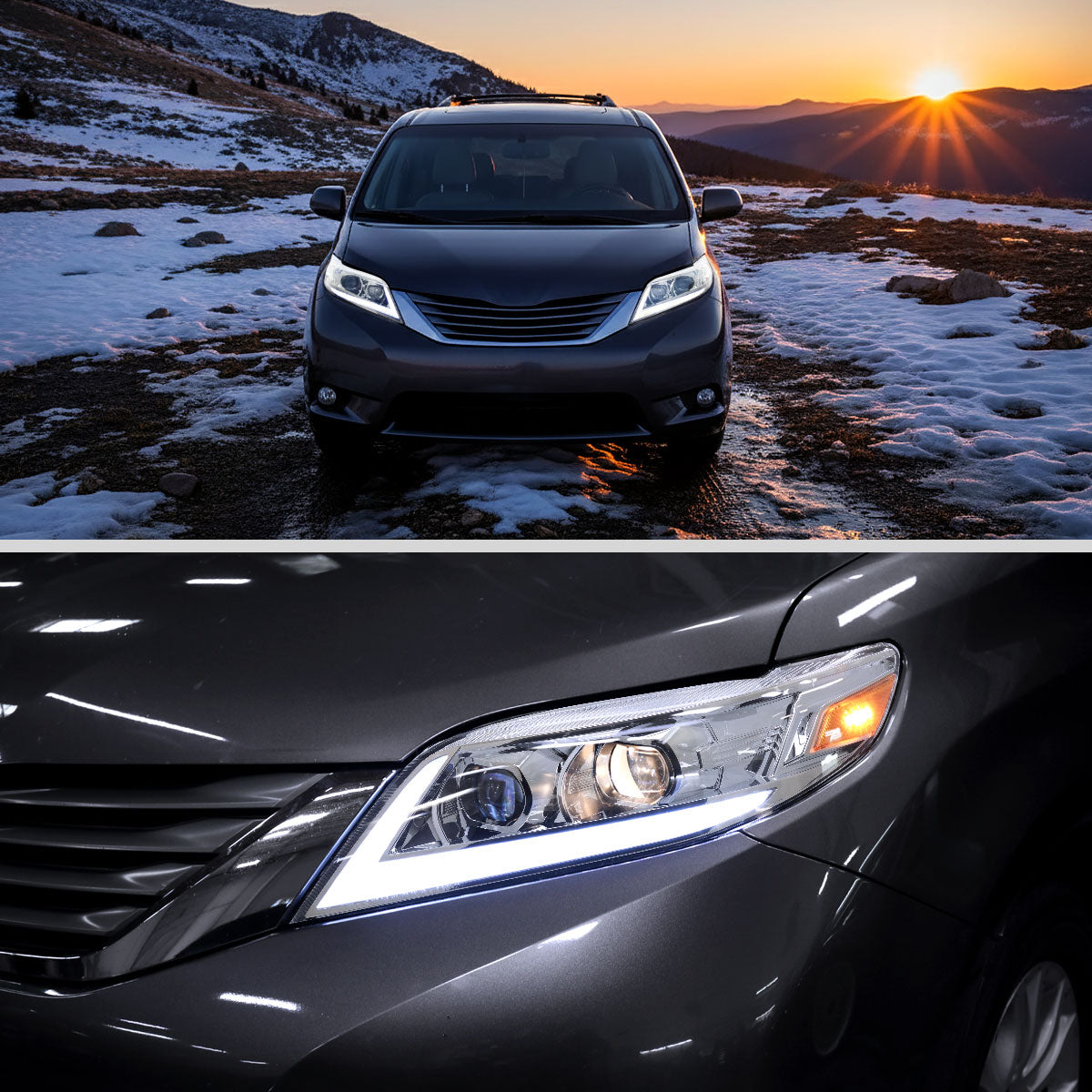 2011-2020 Toyota Sienna Switchback Sequential LED Bar Projector Headlights (Chrome Housing / Clear Lens)