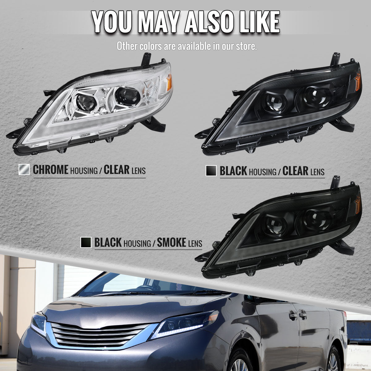 2011-2020 Toyota Sienna Switchback Sequential LED Bar Projector Headlights (Chrome Housing / Clear Lens)