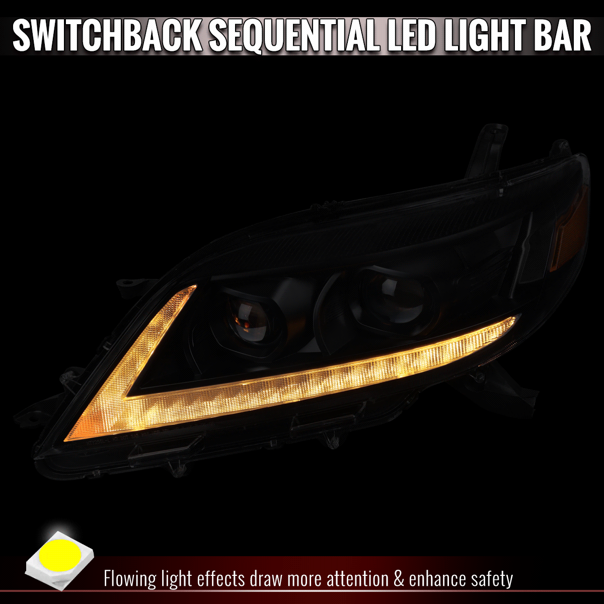2011-2020 Toyota Sienna Switchback Sequential LED Bar Projector Headlights (Black Housing / Clear Lens)