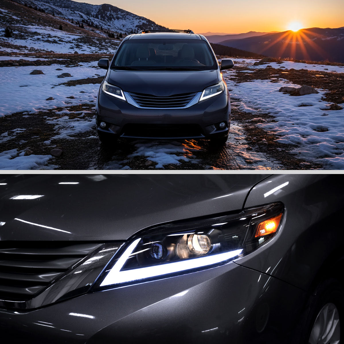2011-2020 Toyota Sienna Switchback Sequential LED Bar Projector Headlights (Black Housing / Clear Lens)