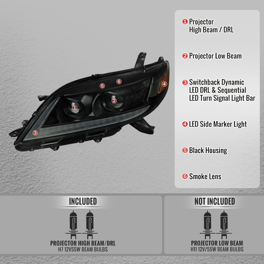 2011-2020 Toyota Sienna Switchback Sequential LED Bar Projector Headlights (Black Housing / Smoked Lens)