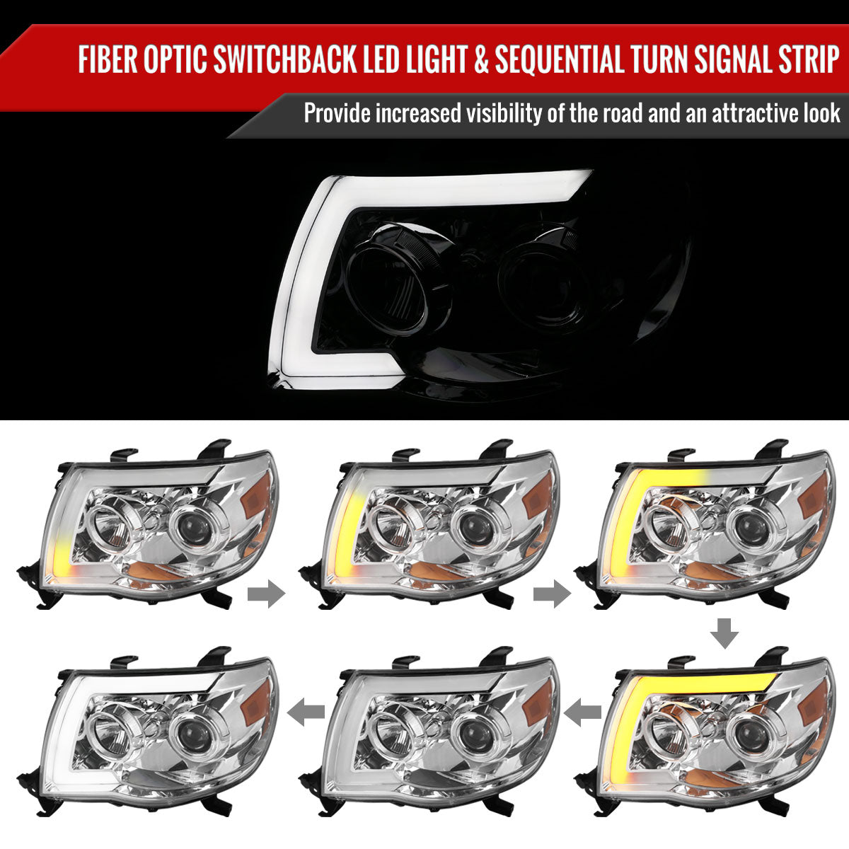 2005-2011 Toyota Tacoma LED Bar Projector Headlights w/ Sequential Turn Signal Lights (Chrome Housing/Clear Lens)