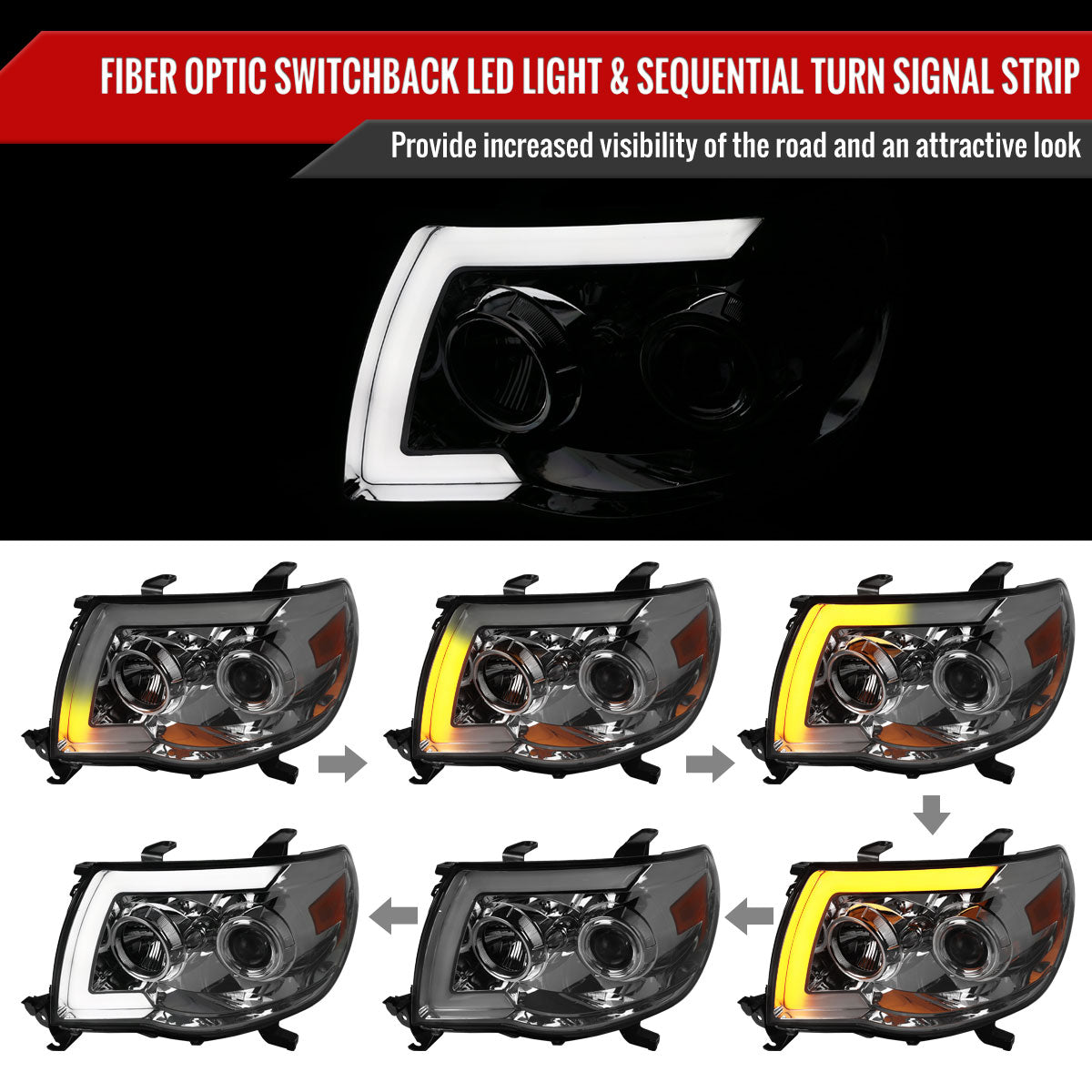 2005-2011 Toyota Tacoma LED Bar Projector Headlights w/ Sequential Turn Signal Lights (Chrome Housing/Smoke Lens)