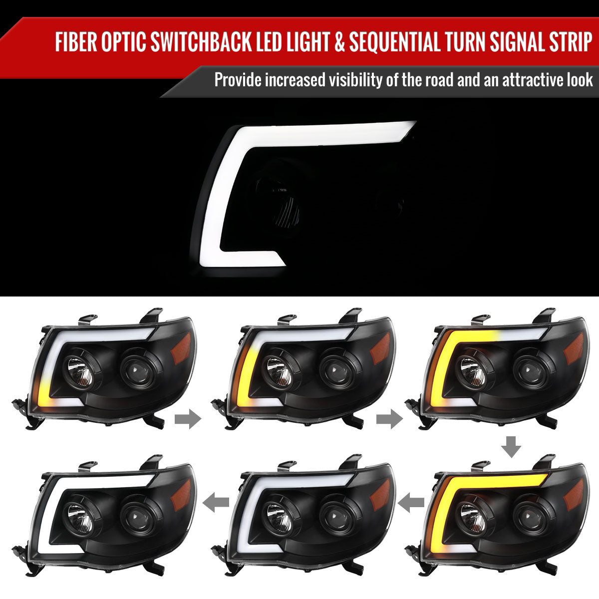 2005-2011 Toyota Tacoma LED Bar Projector Headlights w/ Sequential Turn Signal Lights (Matte Black Housing/Clear Lens)