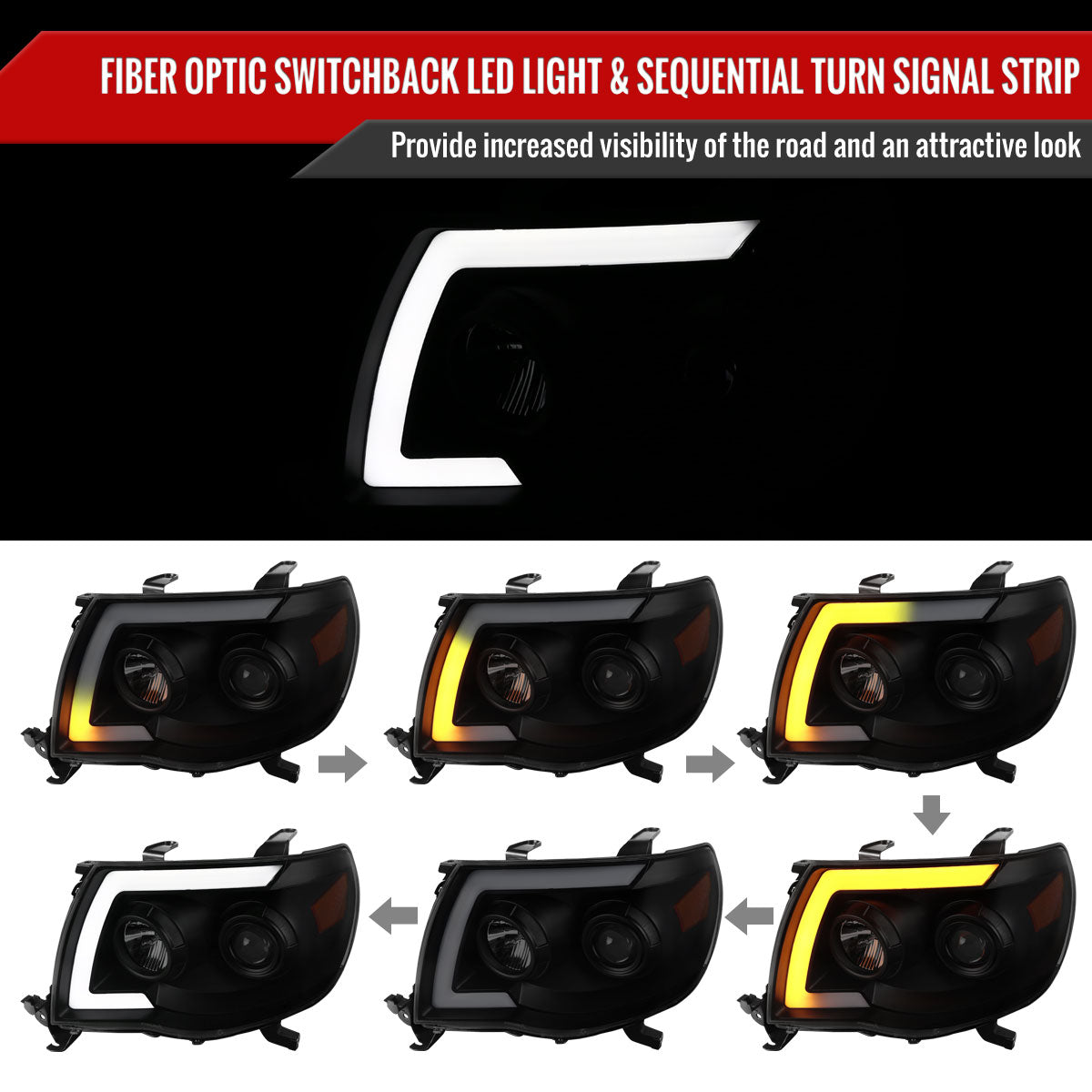 2005-2011 Toyota Tacoma LED Bar Projector Headlights w/ Sequential Turn Signal Lights (Matte Black Housing/Smoke Lens)