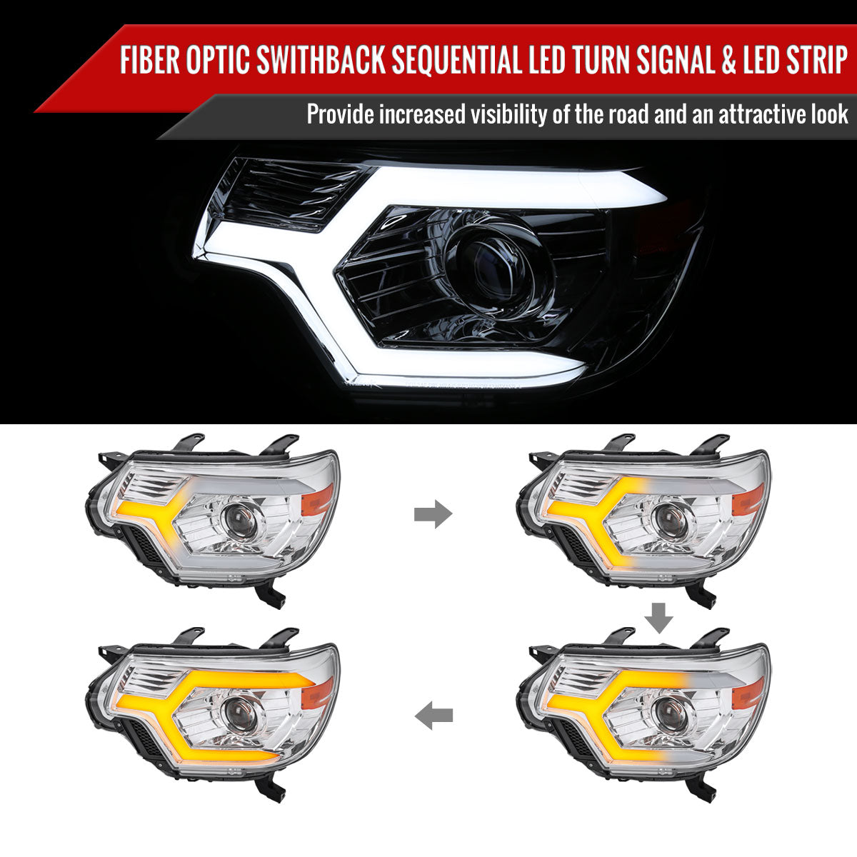 2012-2015 Toyota Tacoma Switchback Sequential LED Bar Projector Headlights (Chrome Housing/Clear Lens)
