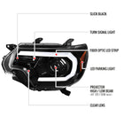 2012-2015 Toyota Tacoma LED C-Bar Projector Headlights (Jet Black Housing/Clear Lens)