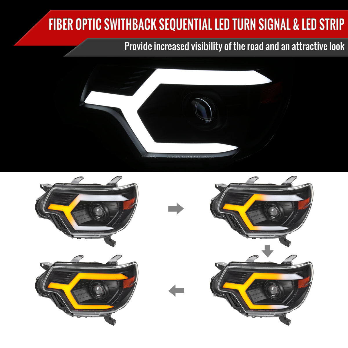 2012-2015 Toyota Tacoma Switchback Sequential LED Bar Projector Headlights (Matte Black Housing/Clear Lens)