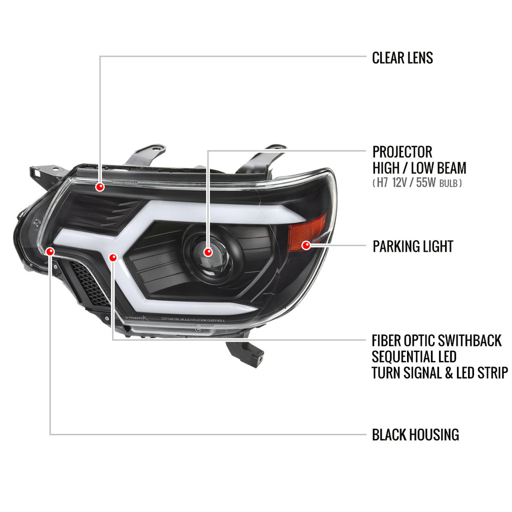 2012-2015 Toyota Tacoma Switchback Sequential LED Bar Projector Headlights (Matte Black Housing/Clear Lens)