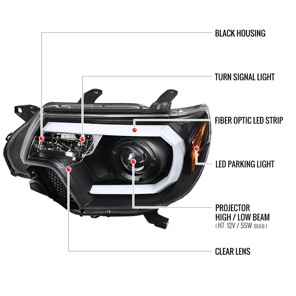 2012-2015 Toyota Tacoma LED C-Bar Projector Headlights (Matte Black Housing/Clear Lens)