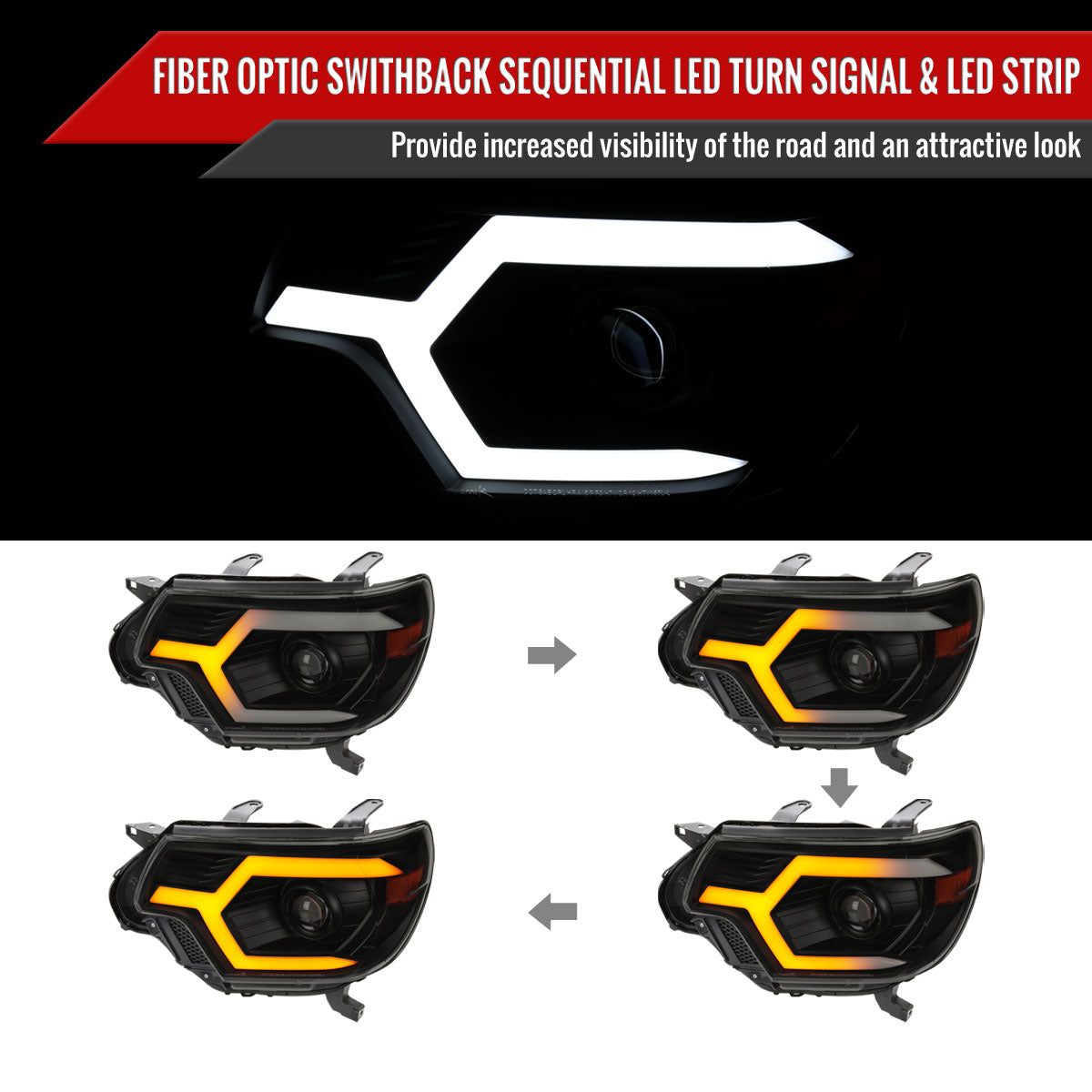 2012-2015 Toyota Tacoma Switchback Sequential LED Bar Projector Headlights (Matte Black Housing/Smoke Lens)