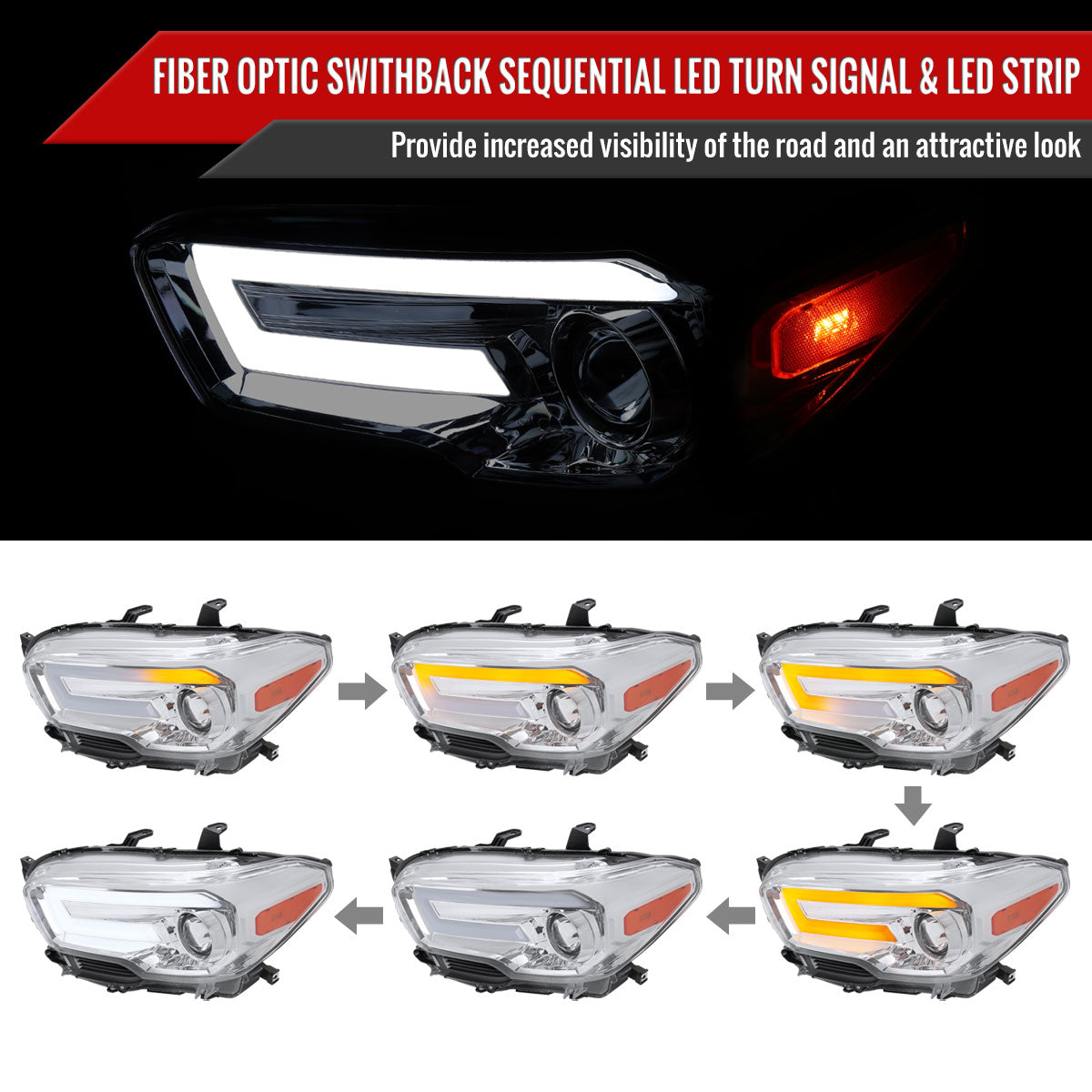 2016-2023 Toyota Tacoma Switchback Sequential LED Bar Projector Headlights (Chrome Housing/Clear Lens)