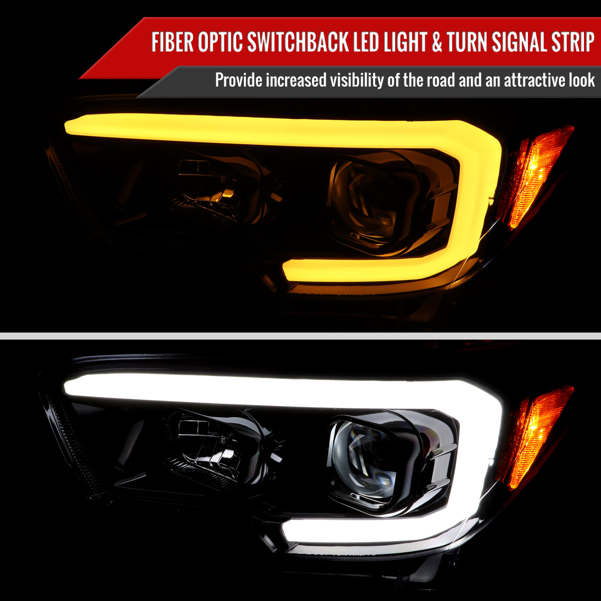 2016-2023 Toyota Tacoma Switchback LED Bar Projector Headlights (Glossy Black Housing/Smoke Lens)