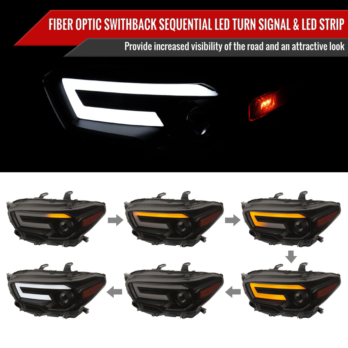 2016-2023 Toyota Tacoma Switchback Sequential LED Bar Projector Headlights (Matte Black Housing/Smoke Lens)
