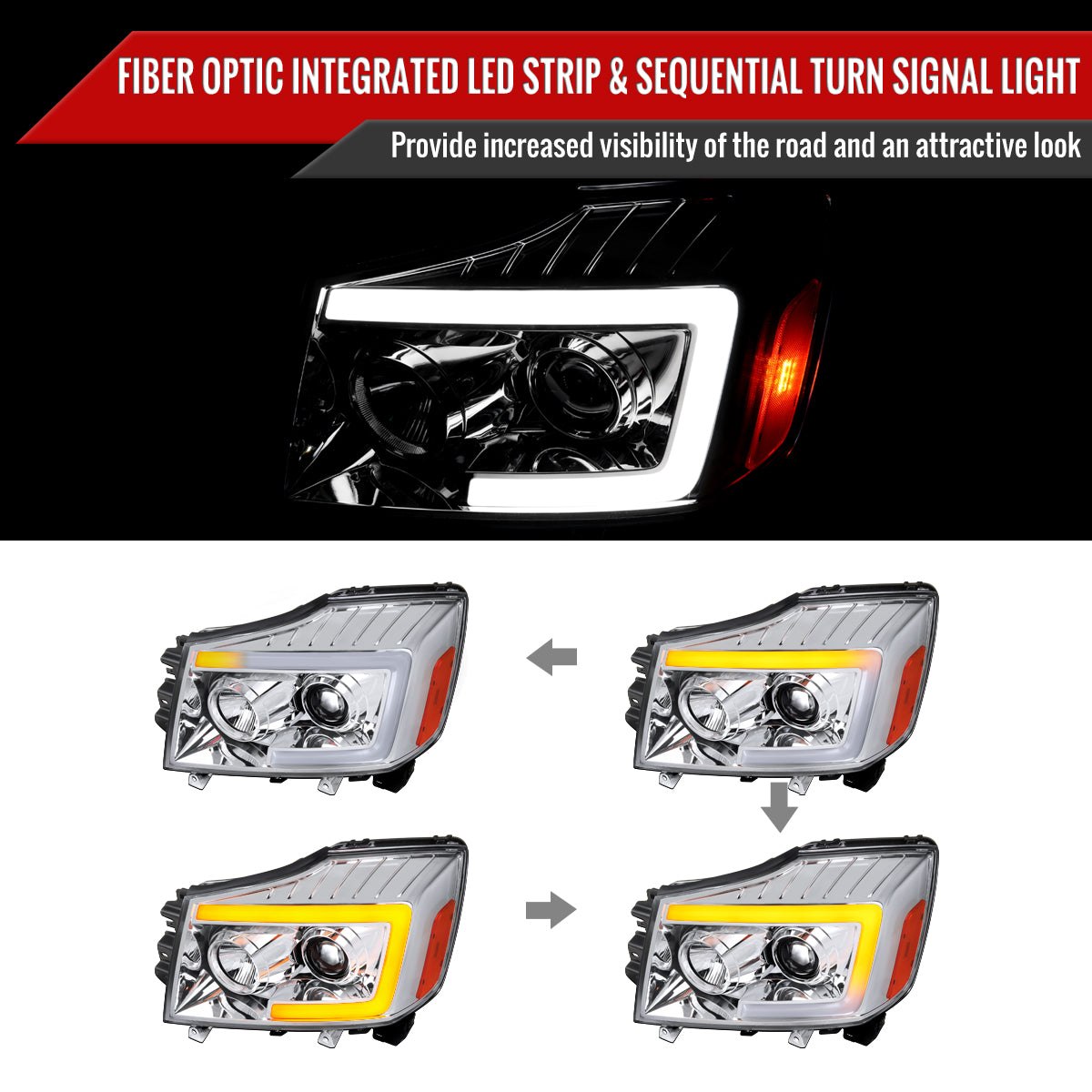 2004-2015 Nissan Titan / 2004-2007 Armada LED C-Bar Projector Headlights w/ Switchback Sequential Turn Signals (Chrome Housing/Clear Lens)