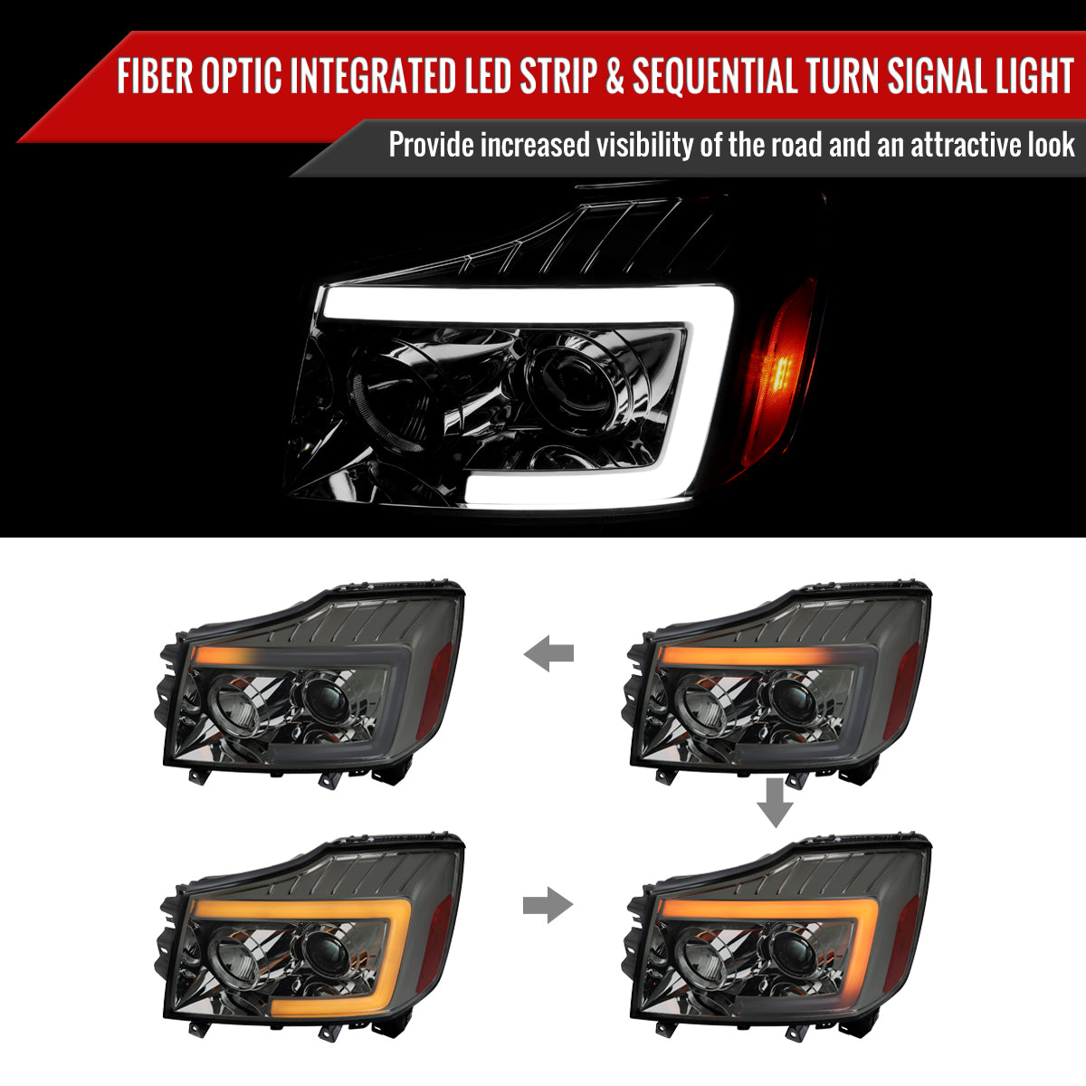 2004-2015 Nissan Titan / 2004-2007 Armada LED C-Bar Projector Headlights w/ Switchback Sequential Turn Signals (Chrome Housing/Smoke Lens)