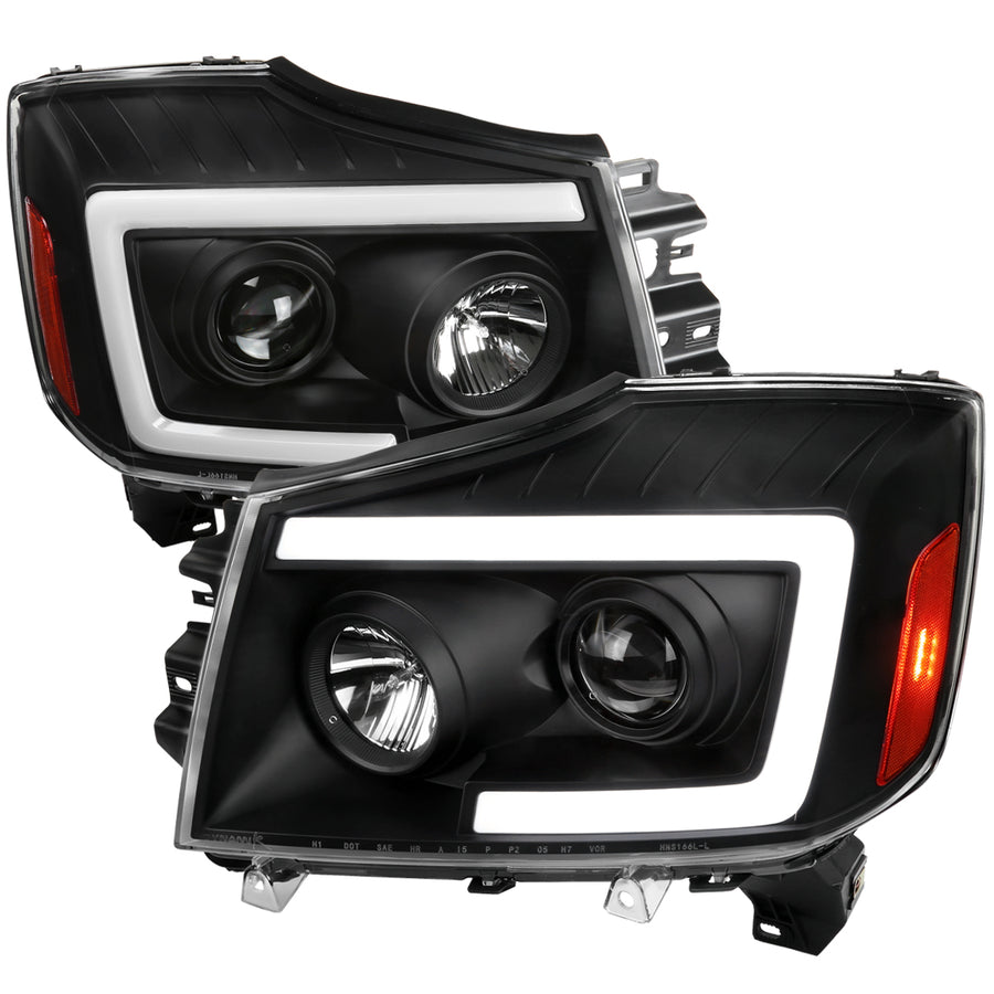 2004-2015 Nissan Titan / 2004-2007 Armada LED C-Bar Projector Headlights w/ Switchback Sequential Turn Signals (Matte Black Housing/Clear Lens)