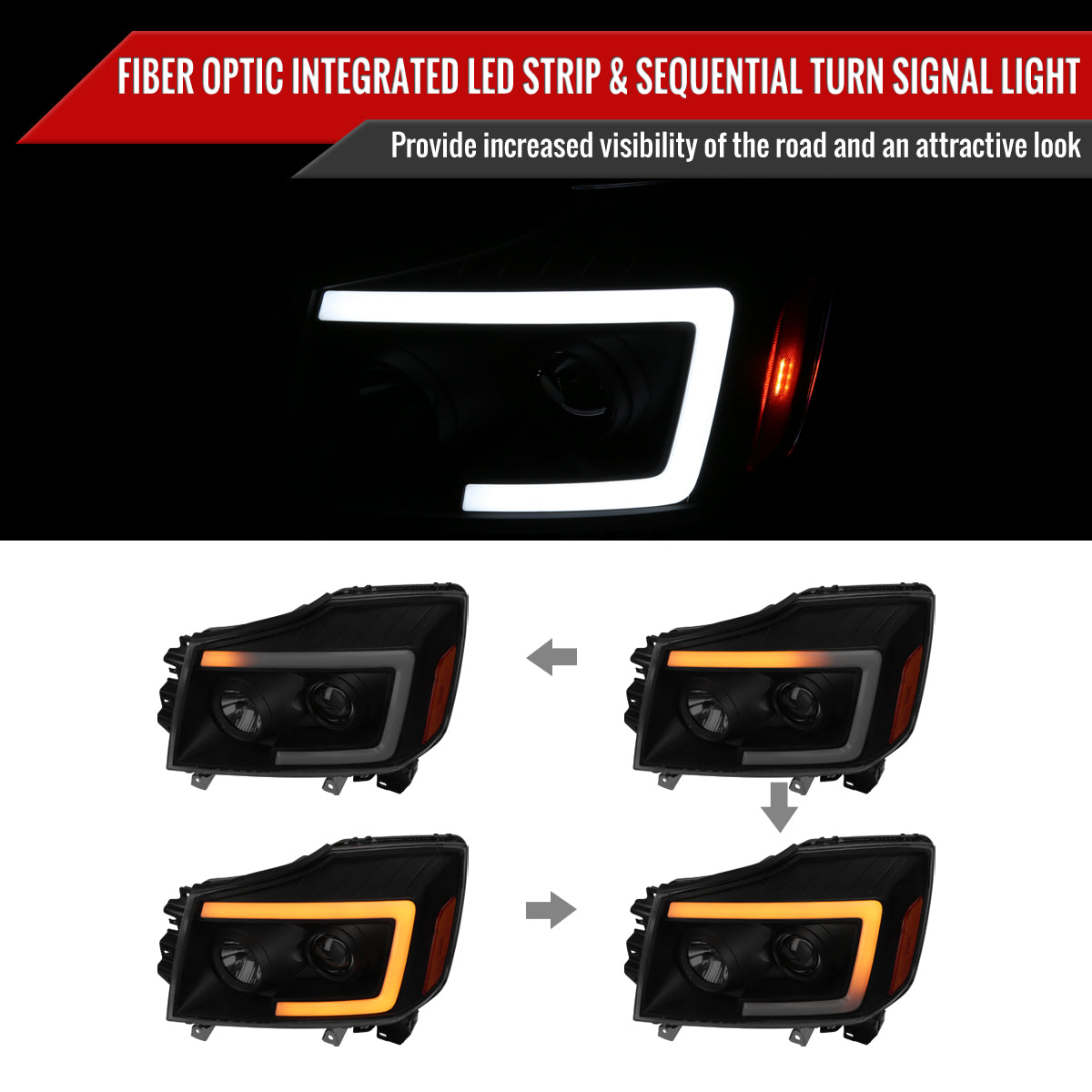 2004-2015 Nissan Titan / 2004-2007 Armada LED C-Bar Projector Headlights w/ Switchback Sequential Turn Signals (Matte Black Housing/Smoke Lens)