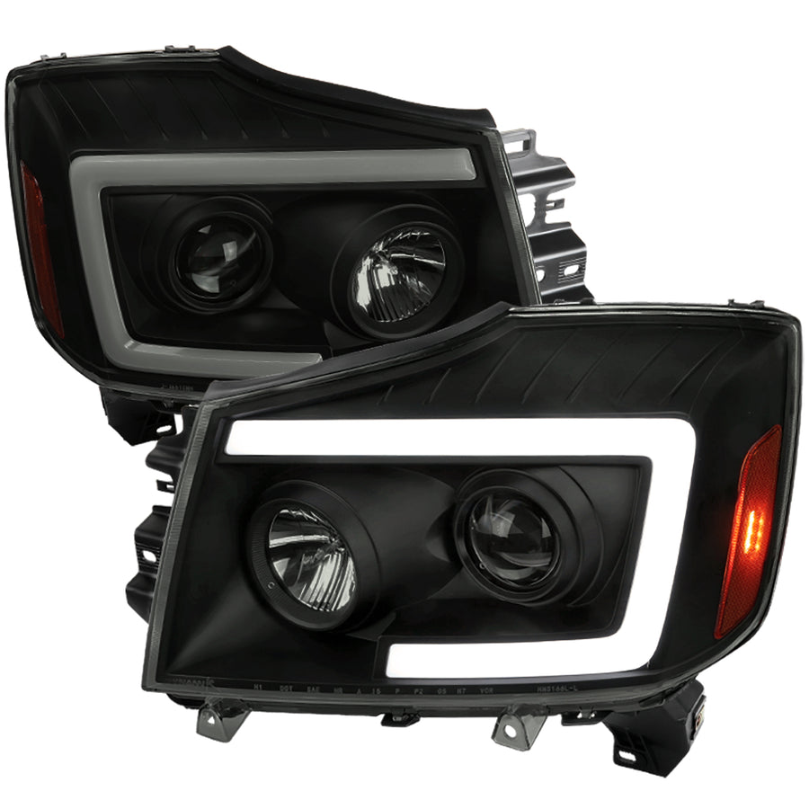 2004-2015 Nissan Titan / 2004-2007 Armada LED C-Bar Projector Headlights w/ Switchback Sequential Turn Signals (Matte Black Housing/Smoke Lens)