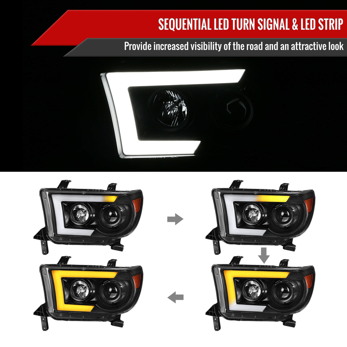 2007-2013 Toyota Tundra/ 2008-2017 Sequoia Switchback Sequential LED C-Bar Projector Headlights (Matte Black Housing/Clear Lens)
