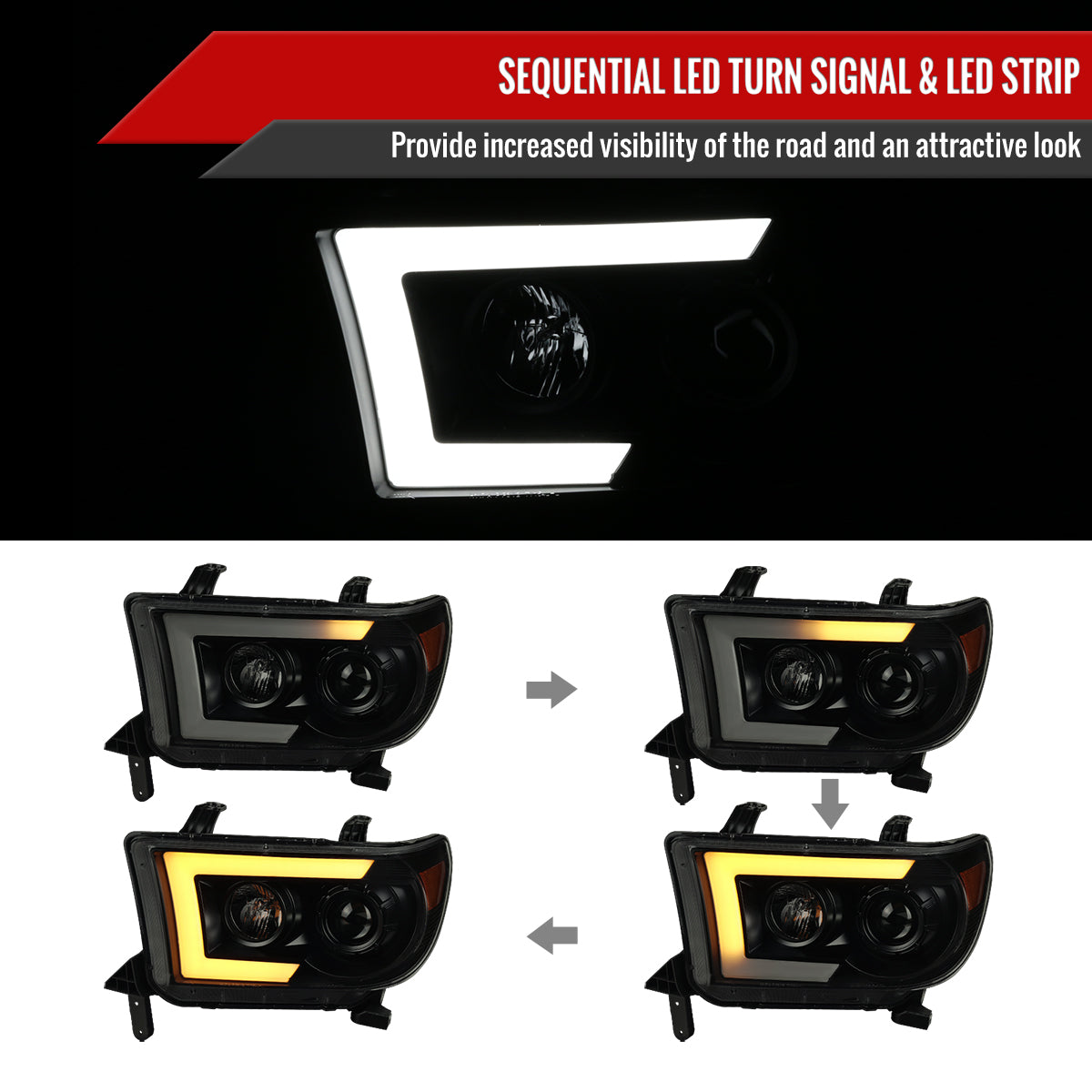 2007-2013 Toyota Tundra/ 2008-2017 Sequoia Switchback Sequential LED C-Bar Projector Headlights (Matte Black Housing/Smoke Lens)