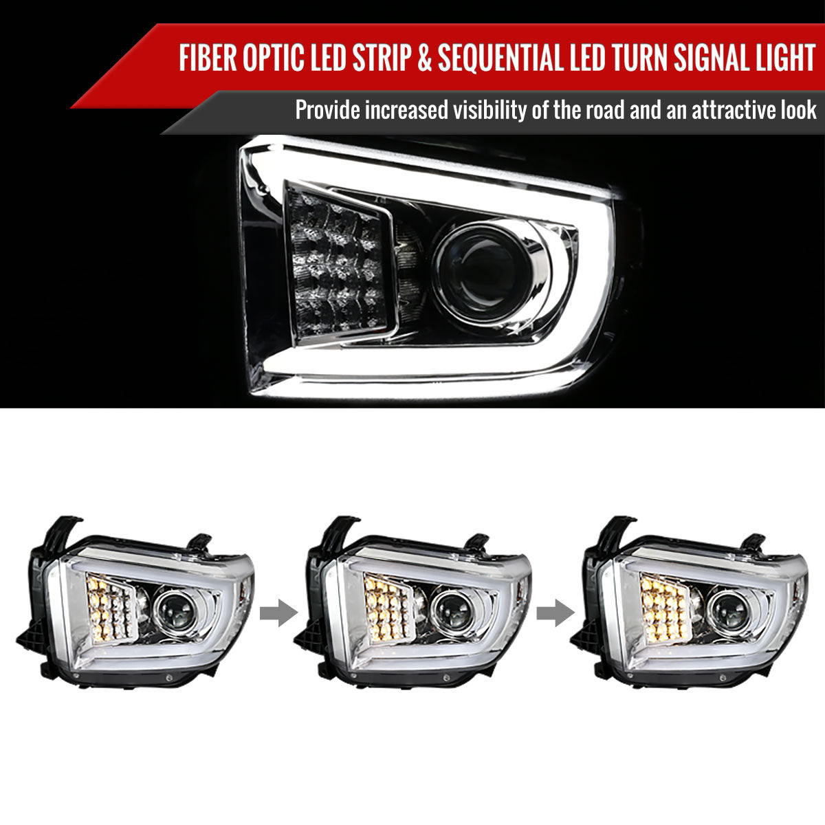 2014-2021 Toyota Tundra LED C-Bar Projector Headlights w/ Sequential Turn Signal Lights (Chrome Housing/Clear Lens)