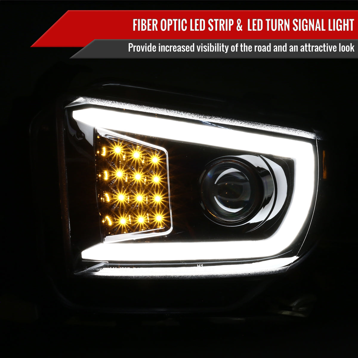2014-2021 Toyota Tundra LED C-Bar Projector Headlights w/ LED Turn Signal Lights (Glossy Black Housing/Clear Lens)