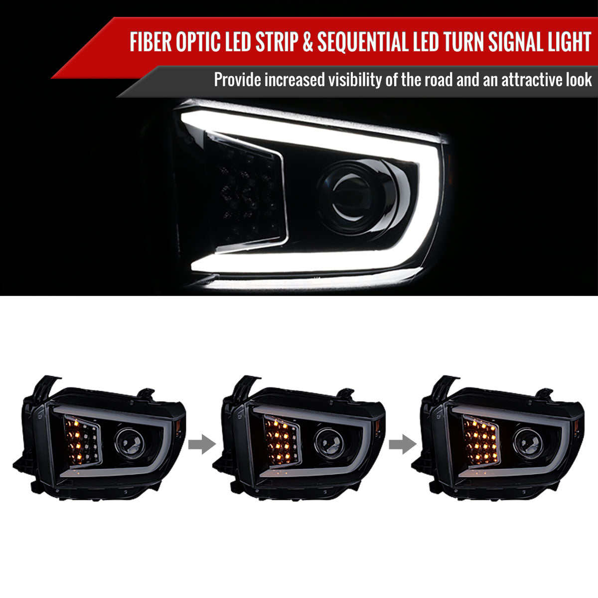 2014-2021 Toyota Tundra LED C-Bar Projector Headlights w/ Sequential Turn Signal Lights (Glossy Black Housing/Smoke Lens)