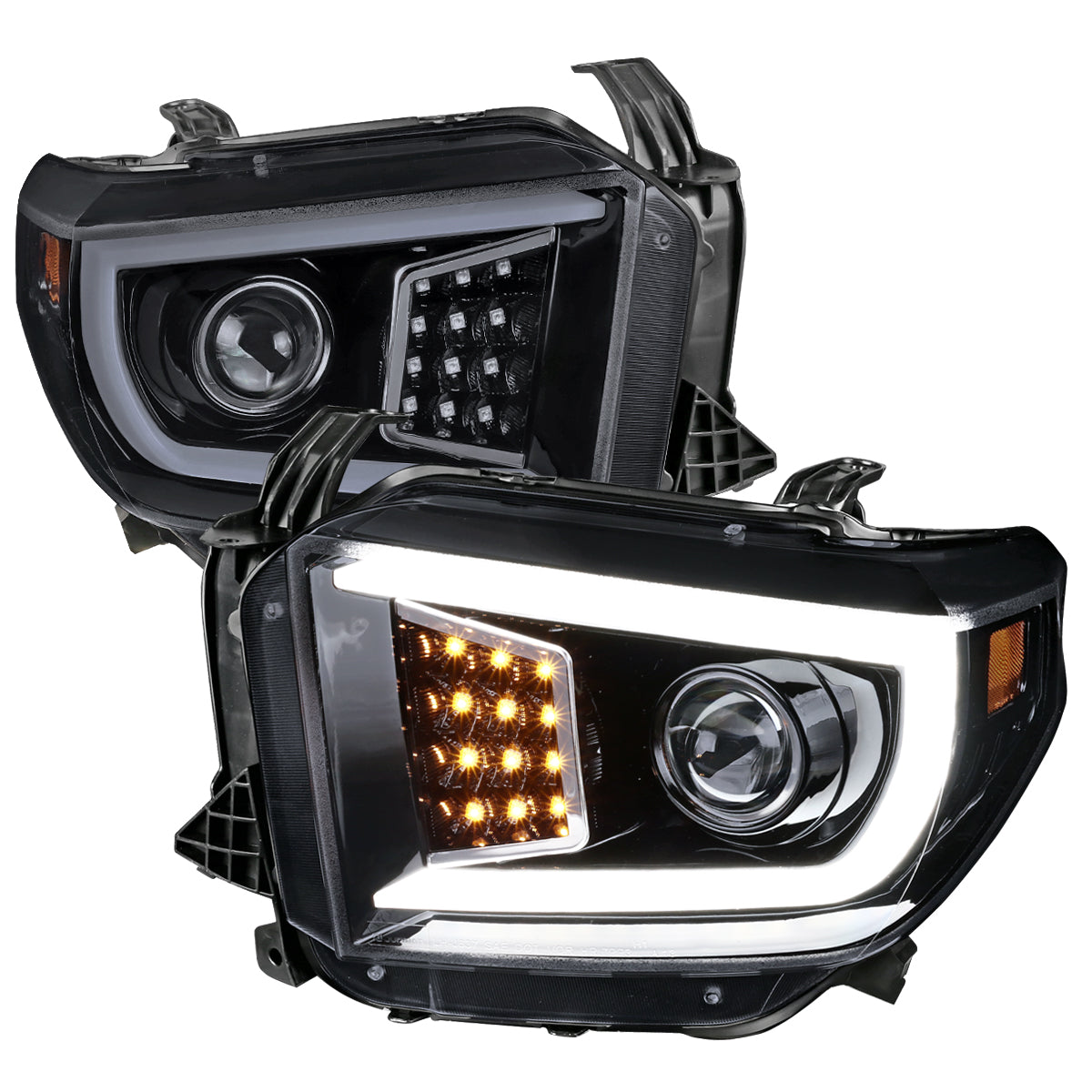 2014-2021 Toyota Tundra LED C-Bar Projector Headlights w/ LED Turn Signal Lights (Glossy Black Housing/Smoke Lens)