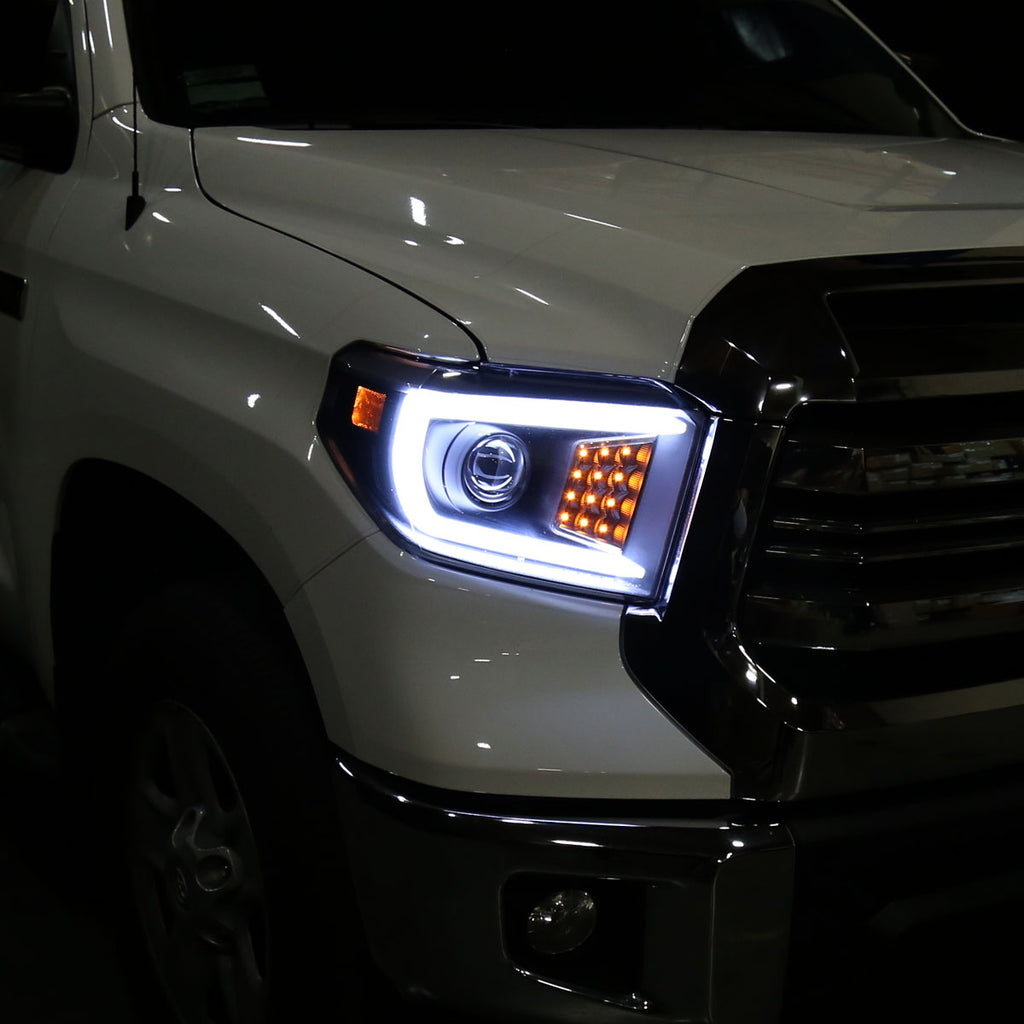 2014-2021 Toyota Tundra LED C-Bar Projector Headlights w/ Sequential Turn Signal Lights (Matte Black Housing/Clear Lens)