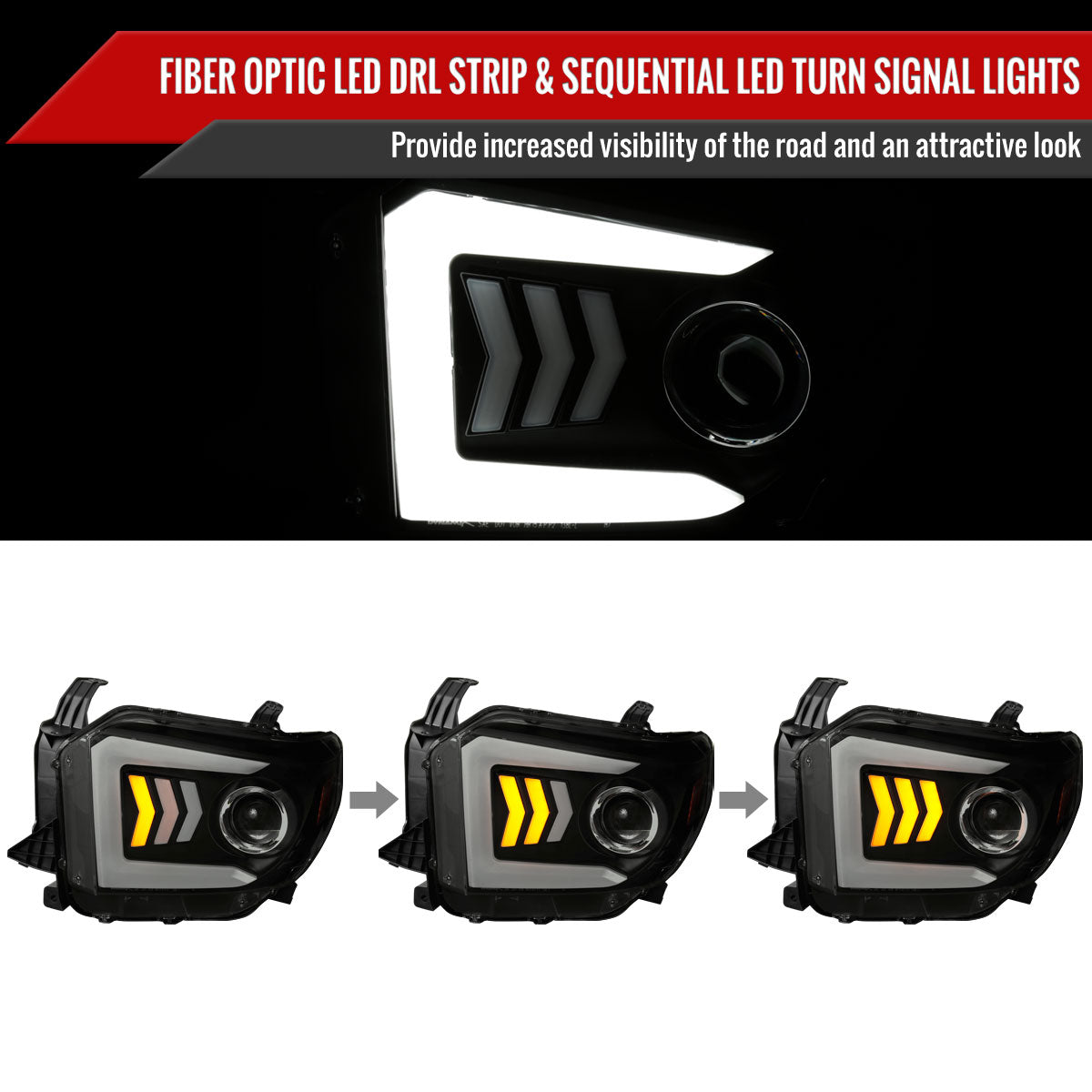 2014-2021 Toyota Tundra LED C-Bar Projector Headlights w/ Sequential Arrow Turn Signals (Matte Black Housing/Smoke Lens)